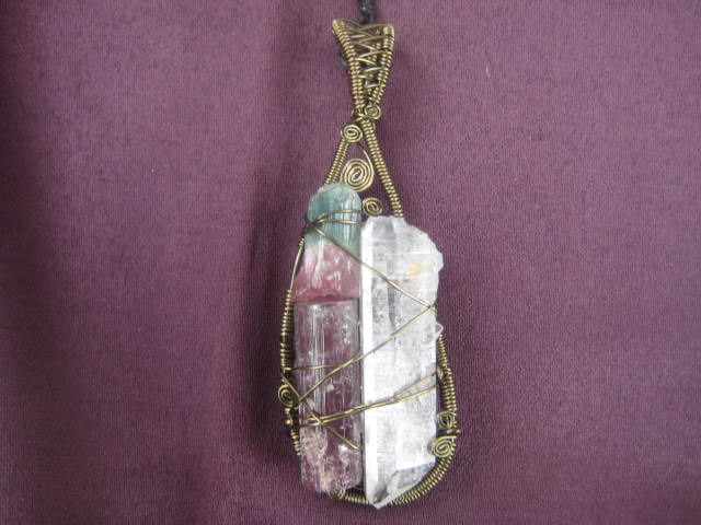 Quartz and Watermelon ,and Pink Tourmaline Pendant wrapped in bronze wire 2628